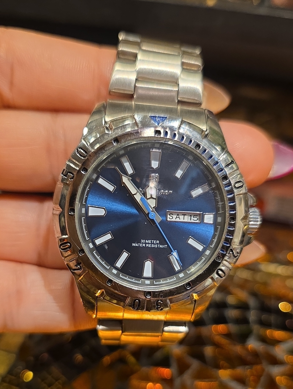 Men's Stainless Steel Watch with Blue Dial and Day-Date